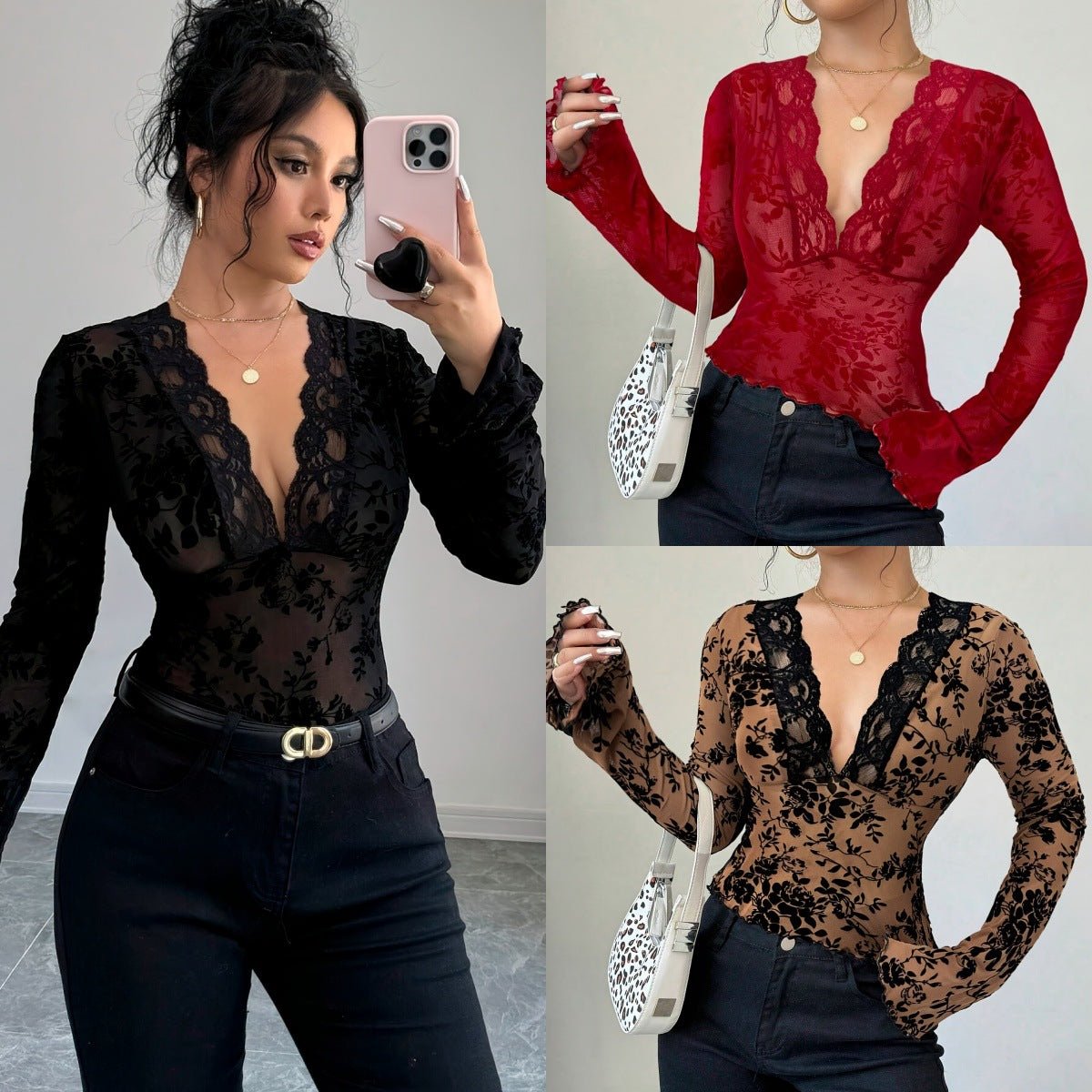 Women's V - neck lace mesh horn sleeve T-shirt top women - Negative Apparel