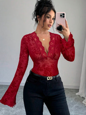 Women's V - neck lace mesh horn sleeve T-shirt top women - Negative Apparel