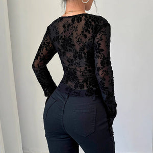 Women's V - neck lace mesh horn sleeve T-shirt top women - Negative Apparel