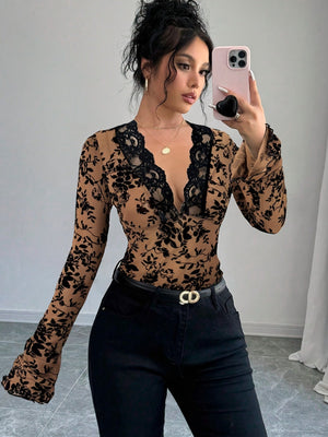 Women's V - neck lace mesh horn sleeve T-shirt top women - Negative Apparel