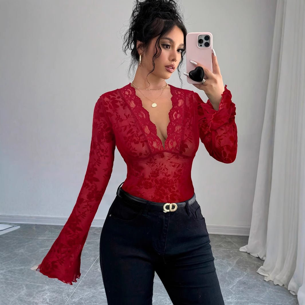 Women's V - neck lace mesh horn sleeve T-shirt top women - Negative Apparel