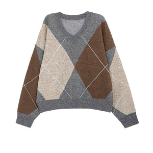 Women’s V - Neck Rhombus Color - Block Sweater – Mori Wind Loose Pullover | Autumn 2025 Sweet & Fresh Knitwear - Negative Apparel