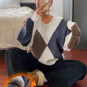 Women’s V - Neck Rhombus Color - Block Sweater – Mori Wind Loose Pullover | Autumn 2025 Sweet & Fresh Knitwear - Negative Apparel