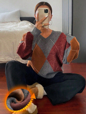 Women’s V - Neck Rhombus Color - Block Sweater – Mori Wind Loose Pullover | Autumn 2025 Sweet & Fresh Knitwear - Negative Apparel