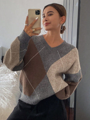 Women’s V - Neck Rhombus Color - Block Sweater – Mori Wind Loose Pullover | Autumn 2025 Sweet & Fresh Knitwear - Negative Apparel