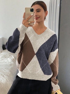 Women’s V - Neck Rhombus Color - Block Sweater – Mori Wind Loose Pullover | Autumn 2025 Sweet & Fresh Knitwear - Negative Apparel