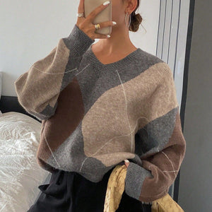 Women’s V - Neck Rhombus Color - Block Sweater – Mori Wind Loose Pullover | Autumn 2025 Sweet & Fresh Knitwear - Negative Apparel