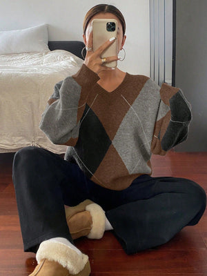 Women’s V - Neck Rhombus Color - Block Sweater – Mori Wind Loose Pullover | Autumn 2025 Sweet & Fresh Knitwear - Negative Apparel