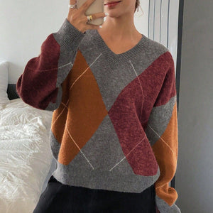 Women’s V - Neck Rhombus Color - Block Sweater – Mori Wind Loose Pullover | Autumn 2025 Sweet & Fresh Knitwear - Negative Apparel