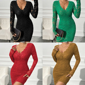 Women's V - neck sexy lace slim long - sleeved dress party - Negative Apparel
