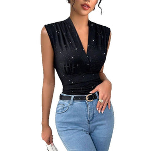 Women's V - neck shiny sequined decorative sleeveless top - Negative Apparel