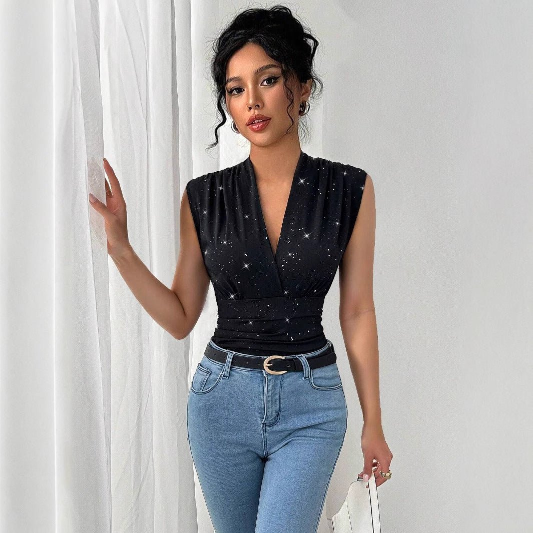 Women's V - neck shiny sequined decorative sleeveless top - Negative Apparel