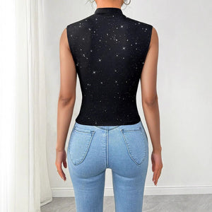Women's V - neck shiny sequined decorative sleeveless top - Negative Apparel
