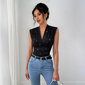 Women's V - neck shiny sequined decorative sleeveless top - Negative Apparel