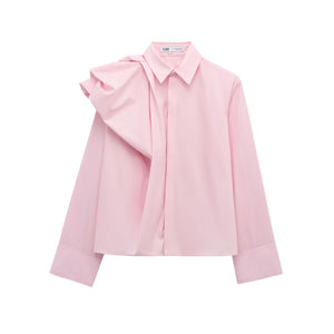 Women's White Poplin Shirt with Ruffle Shoulder Accent , European and American style - Negative Apparel