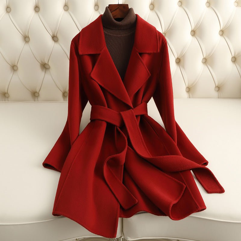 Women’s Wool Belted Coat – 2025 Autumn Handmade Mid - Length Commuter Style Overcoat - Negative Apparel