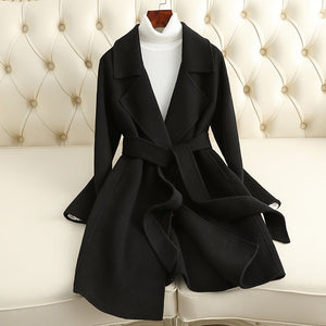 Women’s Wool Belted Coat – 2025 Autumn Handmade Mid - Length Commuter Style Overcoat - Negative Apparel