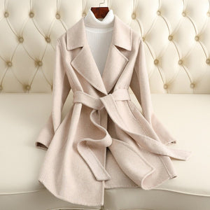 Women’s Wool Belted Coat – 2025 Autumn Handmade Mid - Length Commuter Style Overcoat - Negative Apparel