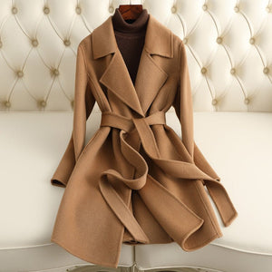 Women’s Wool Belted Coat – 2025 Autumn Handmade Mid - Length Commuter Style Overcoat - Negative Apparel
