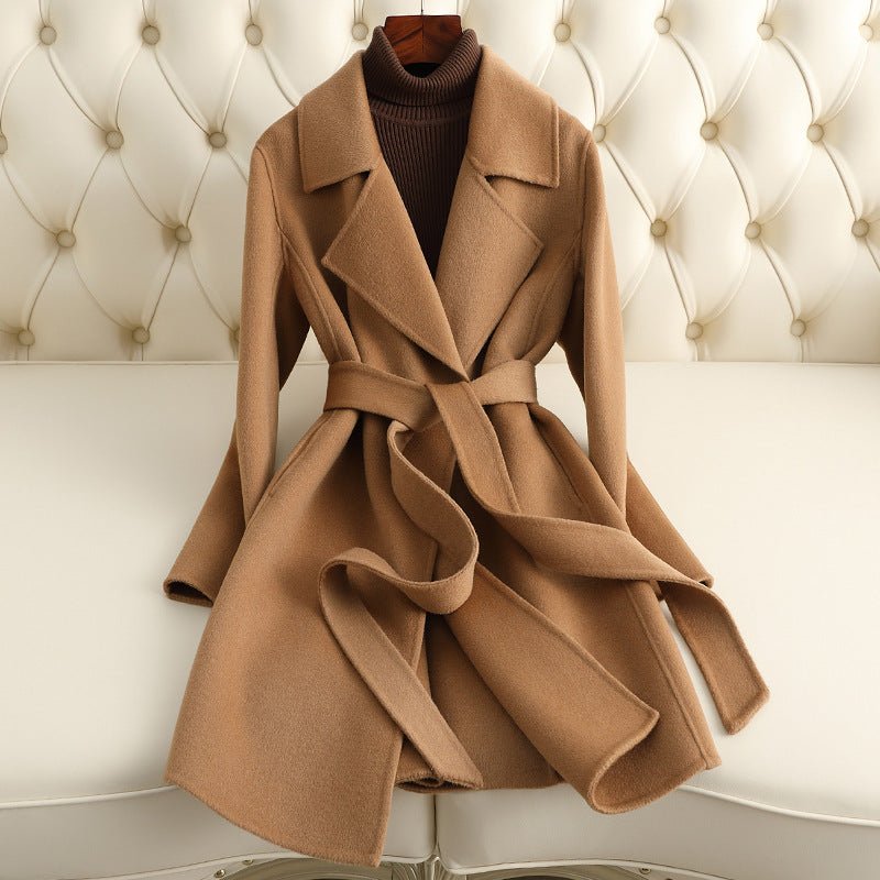 Women’s Wool Belted Coat – 2025 Autumn Handmade Mid - Length Commuter Style Overcoat - Negative Apparel