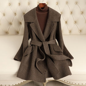 Women’s Wool Belted Coat – Handcrafted Slim - Fit Turn - Down Collar Jacket | Autumn 2025 Elegant Commuter Style - Negative Apparel