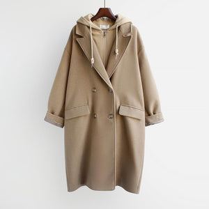Women’s Wool - Blend Double - Breasted Coat – Medium - Long Loose Fit Jacket with Suit Collar | Elegant Urban Style - Negative Apparel
