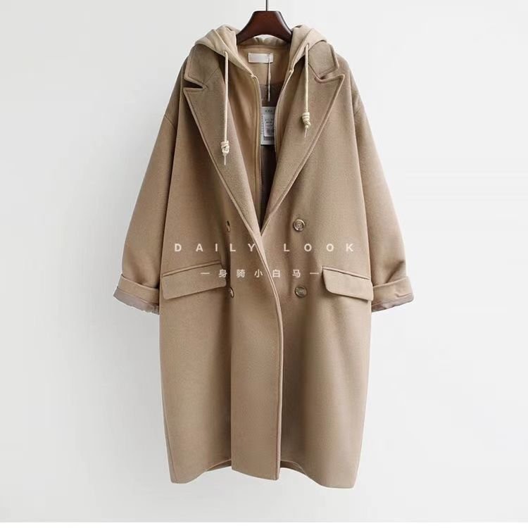 Women’s Wool - Blend Double - Breasted Coat – Medium - Long Loose Fit Jacket with Suit Collar | Elegant Urban Style - Negative Apparel