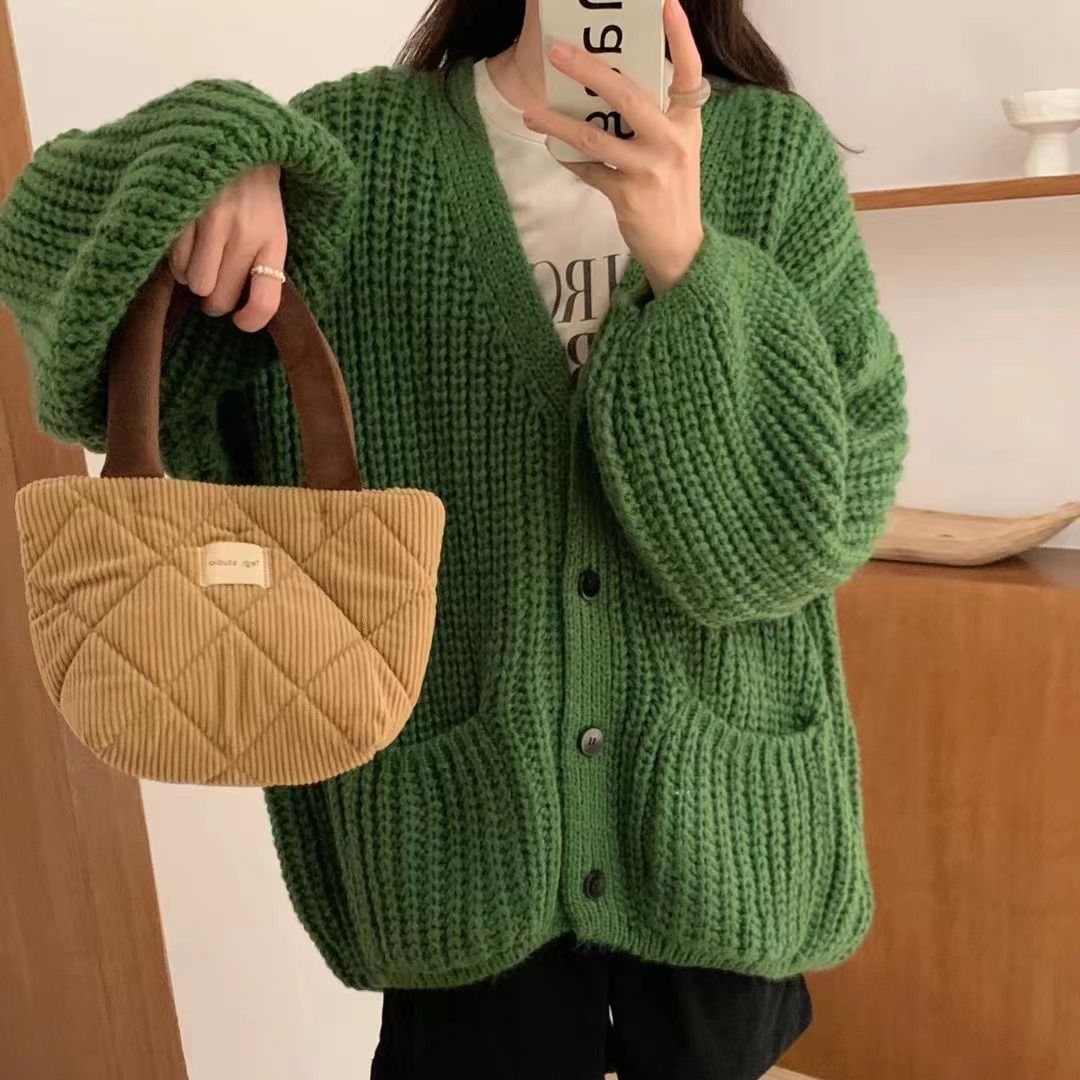 Women’s Wool Blend V - Neck Knit Cardigan | Thick Lazy Style Korean Sweater with Pockets - Negative Apparel