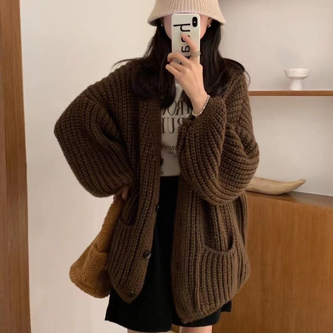 Women’s Wool Blend V - Neck Knit Cardigan | Thick Lazy Style Korean Sweater with Pockets - Negative Apparel