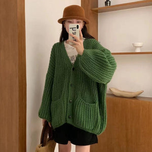 Women’s Wool Blend V - Neck Knit Cardigan | Thick Lazy Style Korean Sweater with Pockets - Negative Apparel
