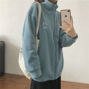 Women’s Zipper Cardigan – Japanese & Korean Casual Style, Autumn 2025, Long Sleeve High Collar Fleece/Sweater - Negative Apparel