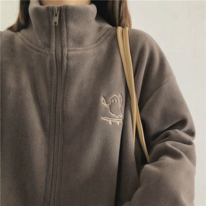 Women’s Zipper Cardigan – Japanese & Korean Casual Style, Autumn 2025, Long Sleeve High Collar Fleece/Sweater - Negative Apparel