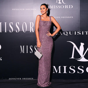 Wrapped chest sexy long sequined sling square collar banquet evening dress - Negative Apparel