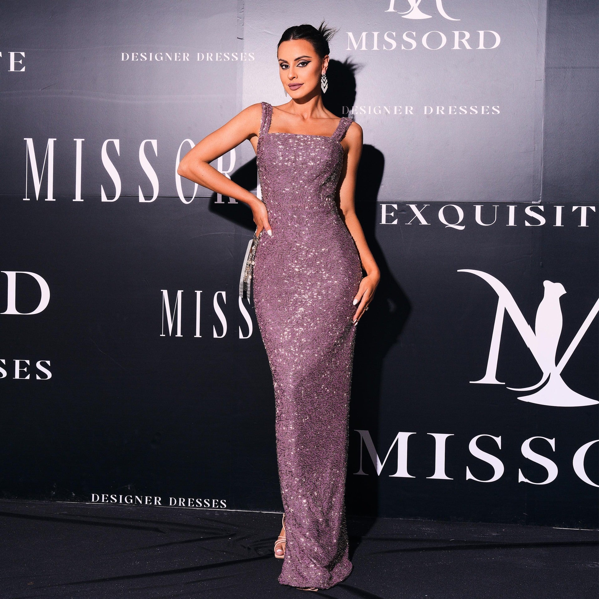 Wrapped chest sexy long sequined sling square collar banquet evening dress - Negative Apparel