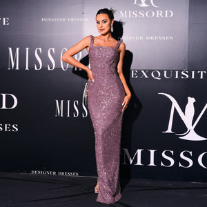 Wrapped chest sexy long sequined sling square collar banquet evening dress - Negative Apparel