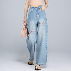 Xinge High Street Blue and Pink Ripped Jeans Women's High Waist Skinny Tencel Cotton Thin Boyfriend Style Casual Wide Leg Pants - Negative Apparel