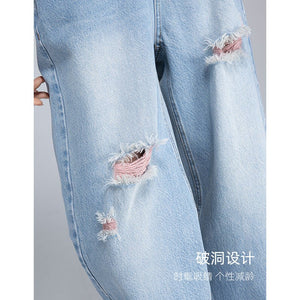 Xinge High Street Blue and Pink Ripped Jeans Women's High Waist Skinny Tencel Cotton Thin Boyfriend Style Casual Wide Leg Pants - Negative Apparel