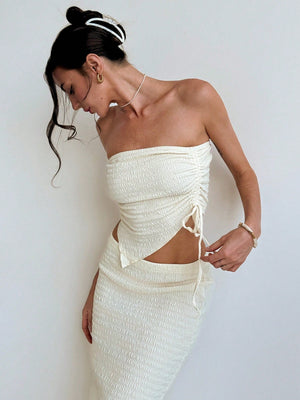 Young And Simple Commuting Style Apricot - Colored Texture Fabric Tight - Fitting Strapless Top With Cinched Waist And Asymmetrical Hem + Low Waist Long Fish Tail Women's 2 - Piece Set - Negative Apparel