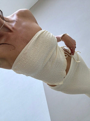 Young And Simple Commuting Style Apricot - Colored Texture Fabric Tight - Fitting Strapless Top With Cinched Waist And Asymmetrical Hem + Low Waist Long Fish Tail Women's 2 - Piece Set - Negative Apparel