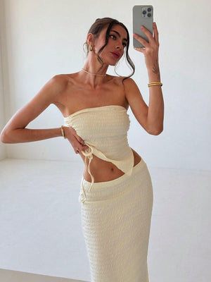 Young And Simple Commuting Style Apricot - Colored Texture Fabric Tight - Fitting Strapless Top With Cinched Waist And Asymmetrical Hem + Low Waist Long Fish Tail Women's 2 - Piece Set - Negative Apparel