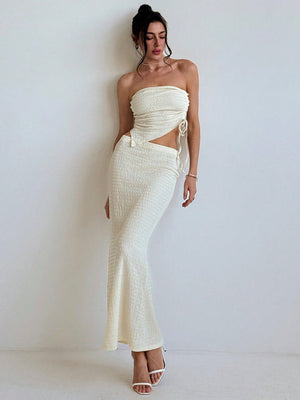Young And Simple Commuting Style Apricot - Colored Texture Fabric Tight - Fitting Strapless Top With Cinched Waist And Asymmetrical Hem + Low Waist Long Fish Tail Women's 2 - Piece Set - Negative Apparel