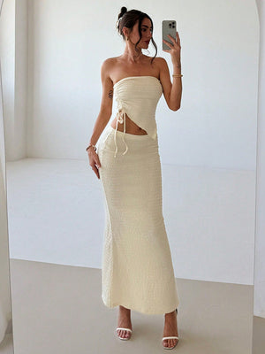 Young And Simple Commuting Style Apricot - Colored Texture Fabric Tight - Fitting Strapless Top With Cinched Waist And Asymmetrical Hem + Low Waist Long Fish Tail Women's 2 - Piece Set - Negative Apparel