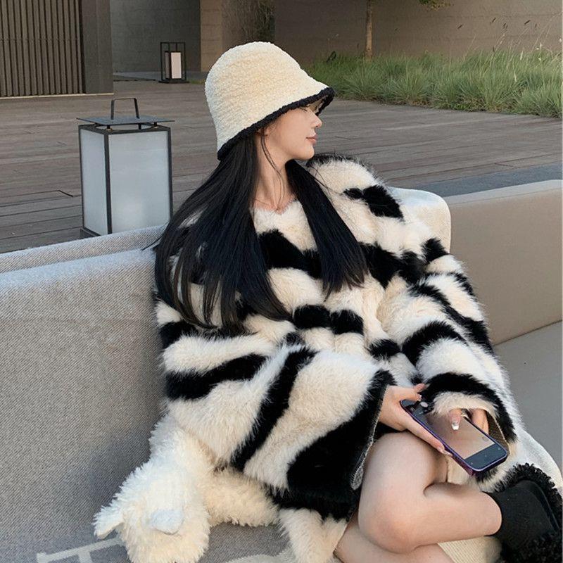 Zebra pattern imitation mink hair v - neck sweater women's autumn and winter loose lazy wind knitted sweater jumper top fluffy coat - Negative Apparel
