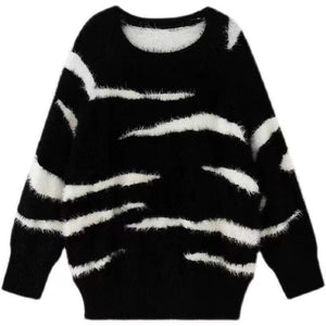 Zebra pattern imitation mink hair v - neck sweater women's autumn and winter loose lazy wind knitted sweater jumper top fluffy coat - Negative Apparel