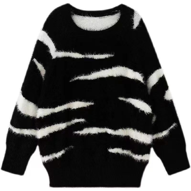 Zebra pattern imitation mink hair v - neck sweater women's autumn and winter loose lazy wind knitted sweater jumper top fluffy coat - Negative Apparel