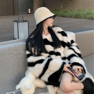 Zebra pattern imitation mink hair v - neck sweater women's autumn and winter loose lazy wind knitted sweater jumper top fluffy coat - Negative Apparel
