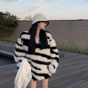 Zebra pattern imitation mink hair v - neck sweater women's autumn and winter loose lazy wind knitted sweater jumper top fluffy coat - Negative Apparel