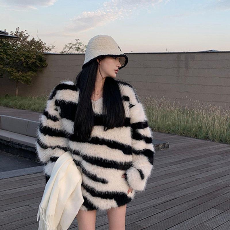 Zebra pattern imitation mink hair v - neck sweater women's autumn and winter loose lazy wind knitted sweater jumper top fluffy coat - Negative Apparel
