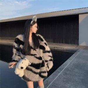 Zebra pattern imitation mink hair v - neck sweater women's autumn and winter loose lazy wind knitted sweater jumper top fluffy coat - Negative Apparel