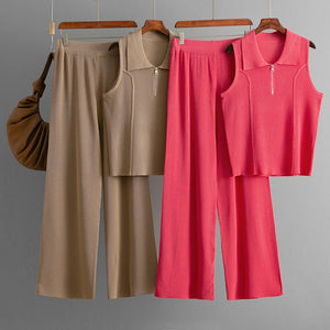 Zipper knitted lapel small vest top fashion set + high - waisted casual pants two - piece set - Negative Apparel